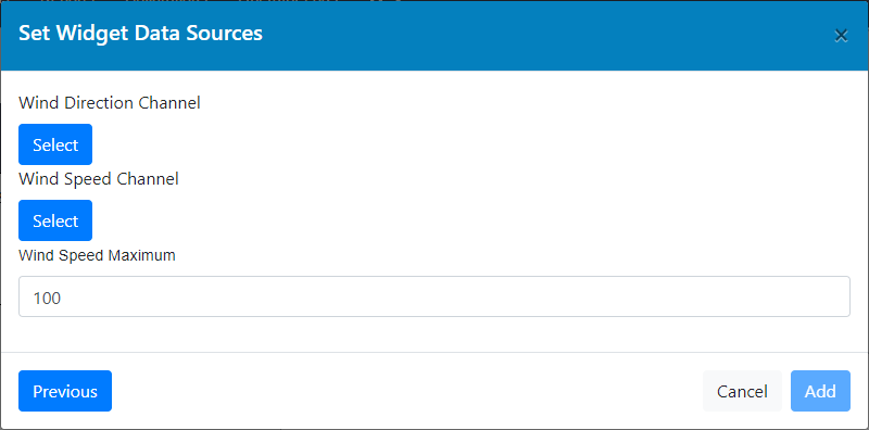 Wind Rose Widget Options (No channels selected)